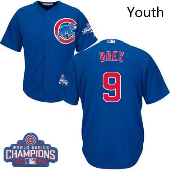 Youth Majestic Chicago Cubs 9 Javier Baez Authentic Royal Blue Alternate 2016 World Series Champions Cool Base MLB Jersey
